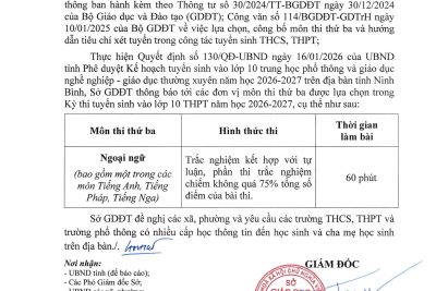 Thông báo môn thi thứ 3 trong Kỳ thi tuyển sinh vào lớp 10 THPT năm học 2026-2027 của Sở GD&ĐT tỉnh Ninh Bình